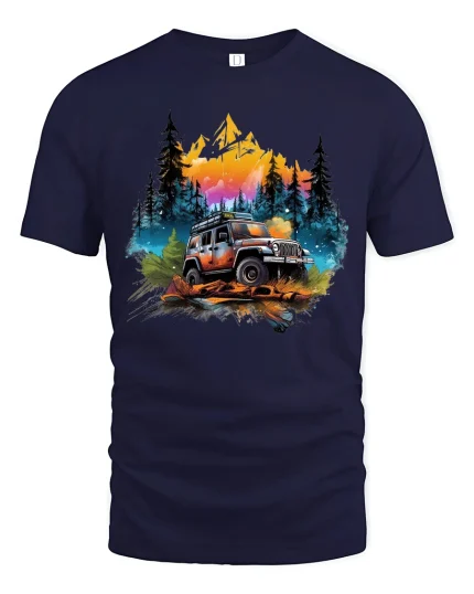 Off Road Adventure Jeep Graphic T Shirt Mountain Forest Art - navy t-shirt on white background