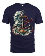 Nautical Anchor Ocean Wave Illustration Graphic T Shirt - navy t-shirt on white background