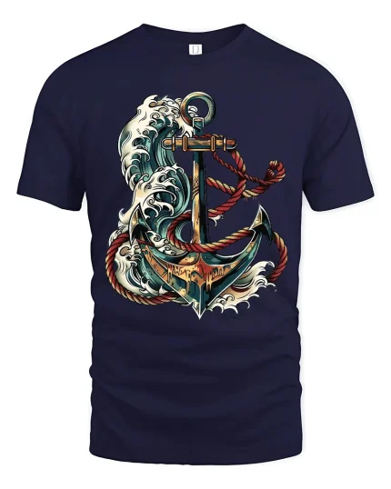 Nautical Anchor Ocean Wave Illustration Graphic T Shirt - navy t-shirt on white background
