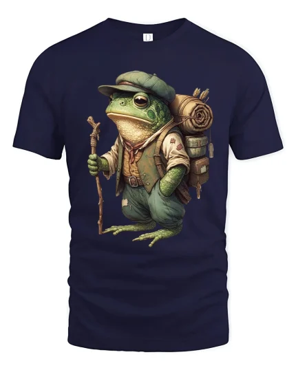 Adventurer Frog Backpack Explorer Illustration Graphic T Shirt - navy t-shirt on white background