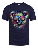 Colorful Koala With Headphones Neon Art Music Graphic T Shirt - navy t-shirt on white background