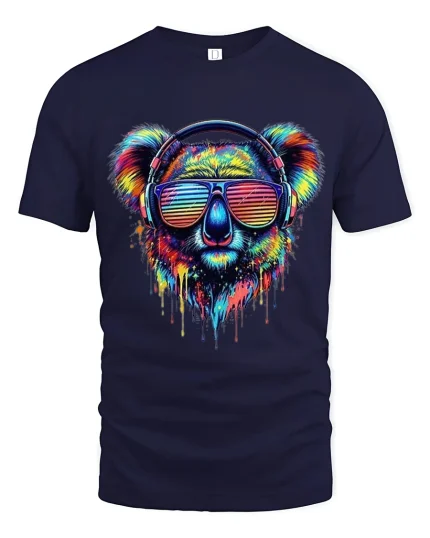 Colorful Koala With Headphones Neon Art Music Graphic T Shirt - navy t-shirt on white background