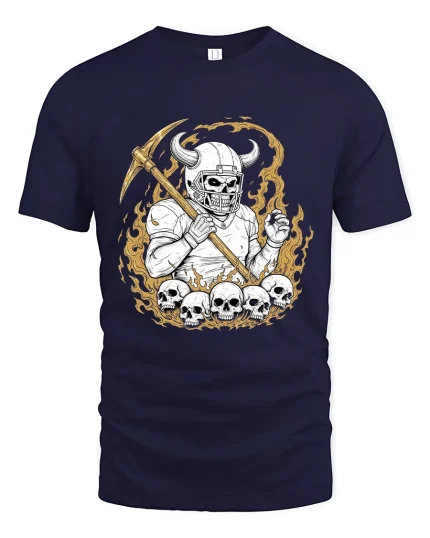 Viking Skull Warrior Football Style Graphic T Shirt - navy t-shirt on white background