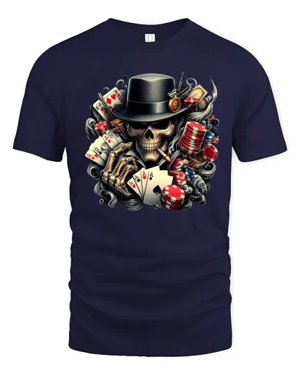 Poker Skull Gambler Graphic Tee With Cards Chips And Dark Style - navy t-shirt on white background