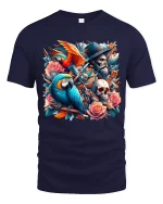 Pirate Parrot Skull Rose Fantasy Art Graphic Tee - navy t-shirt on white background