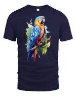 Colorful Tropical Parrot Illustration Art Graphic Tee - navy t-shirt on white background