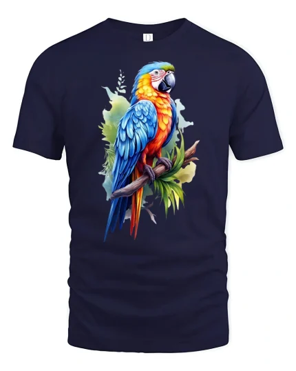 Colorful Tropical Parrot Illustration Art Graphic Tee - navy t-shirt on white background