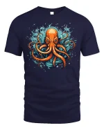 Fierce Ocean Octopus Splash Art Graphic Tee Design - navy t-shirt on white background