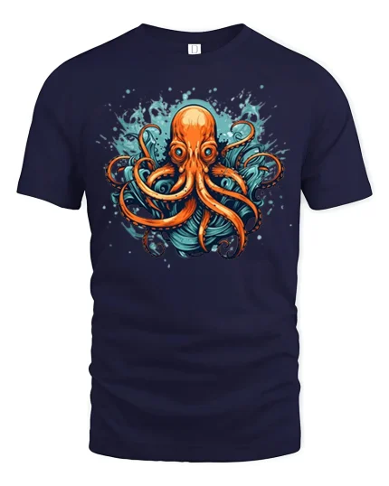 Fierce Ocean Octopus Splash Art Graphic Tee Design - navy t-shirt on white background