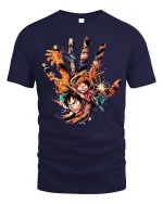 Epic Anime Pirate Hand Art Graphic Tee With Bold Action Energy - navy t-shirt on white background