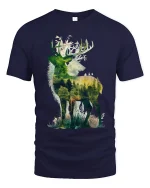 Majestic Forest Deer Silhouette Nature Graphic T Shirt Art - navy t-shirt on white background