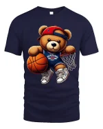 Cute Basketball Teddy Bear Graphic T Shirt Fun Sports Style - navy t-shirt on white background