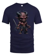 Dark Fantasy Demon Warrior Graphic T Shirt Fierce Artwork - navy t-shirt on white background