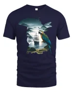 Surreal Pirate Parrot Ocean Silhouette Fantasy Graphic T Shirt - navy t-shirt on white background