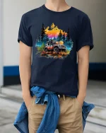 Off Road Adventure Jeep Graphic T Shirt Mountain Forest Art - model wearing navy tee with hands in pockets