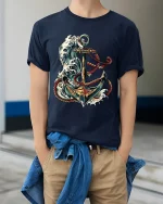 Nautical Anchor Ocean Wave Illustration Graphic T Shirt - model wearing navy tee with hands in pockets