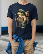 Adventurer Frog Backpack Explorer Illustration Graphic T Shirt - model wearing navy tee with hands in pockets