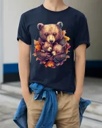 Heartwarming Bear Family Autumn Illustration Graphic T Shirt - model wearing navy tee with hands in pockets