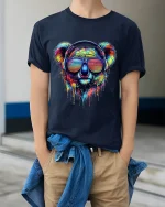 Colorful Koala With Headphones Neon Art Music Graphic T Shirt - model wearing navy tee with hands in pockets