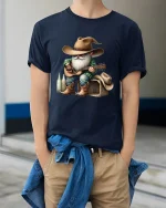 Funny Cowboy Gnome Playing Guitar Country Music Graphic T Shirt - model wearing navy tee with hands in pockets