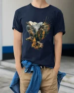 Majestic Eagle Mountain Landscape Graphic T Shirt Nature Art - model wearing navy tee with hands in pockets