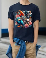 Pirate Parrot Skull Rose Fantasy Art Graphic Tee - model wearing navy tee with hands in pockets