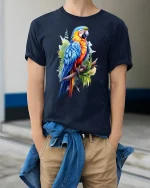 Colorful Tropical Parrot Illustration Art Graphic Tee - model wearing navy tee with hands in pockets