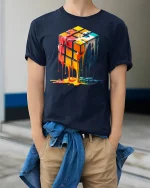 Melting Color Rubik Cube Abstract Art Graphic Tee - model wearing navy tee with hands in pockets