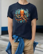 Fierce Ocean Octopus Splash Art Graphic Tee Design - model wearing navy tee with hands in pockets
