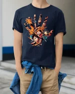 Epic Anime Pirate Hand Art Graphic Tee With Bold Action Energy - model wearing navy tee with hands in pockets