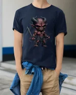 Dark Fantasy Demon Warrior Graphic T Shirt Fierce Artwork - model wearing navy tee with hands in pockets