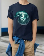 Mystical Dolphin Forest Moon Graphic T Shirt Nature Art - model wearing navy tee with hands in pockets