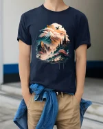 Mystical Mountain Temple Landscape Graphic T Shirt Art - model wearing navy tee with hands in pockets