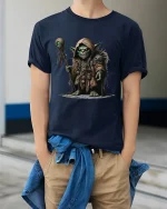 Dark Fantasy Goblin Shaman Warrior Illustration Graphic T Shirt - model wearing navy tee with hands in pockets