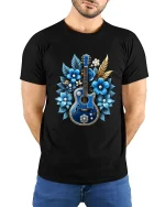 Blue Floral Guitar Art Graphic T Shirt Elegant Music Design - model wearing black tee with hands behind back