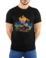 Off Road Adventure Jeep Graphic T Shirt Mountain Forest Art - model wearing black tee with hands behind back
