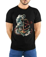 Nautical Anchor Ocean Wave Illustration Graphic T Shirt - model wearing black tee with hands behind back