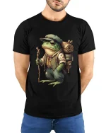 Adventurer Frog Backpack Explorer Illustration Graphic T Shirt - model wearing black tee with hands behind back