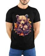 Heartwarming Bear Family Autumn Illustration Graphic T Shirt - model wearing black tee with hands behind back