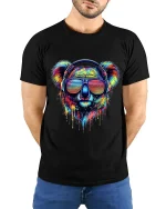 Colorful Koala With Headphones Neon Art Music Graphic T Shirt - model wearing black tee with hands behind back