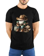 Funny Cowboy Gnome Playing Guitar Country Music Graphic T Shirt - model wearing black tee with hands behind back