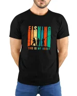 Fishing This Is My Hobby Vintage Style Angler Graphic Tee - model wearing black tee with hands behind back