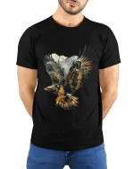 Majestic Eagle Mountain Landscape Graphic T Shirt Nature Art - model wearing black tee with hands behind back
