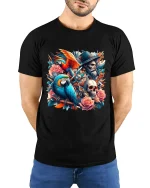 Pirate Parrot Skull Rose Fantasy Art Graphic Tee - model wearing black tee with hands behind back