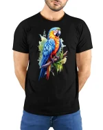Colorful Tropical Parrot Illustration Art Graphic Tee - model wearing black tee with hands behind back