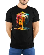 Melting Color Rubik Cube Abstract Art Graphic Tee - model wearing black tee with hands behind back