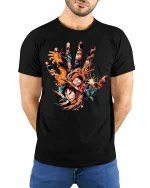 Epic Anime Pirate Hand Art Graphic Tee With Bold Action Energy - model wearing black tee with hands behind back