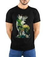 Majestic Forest Deer Silhouette Nature Graphic T Shirt Art - model wearing black tee with hands behind back