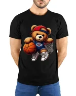 Cute Basketball Teddy Bear Graphic T Shirt Fun Sports Style - model wearing black tee with hands behind back