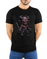 Dark Fantasy Demon Warrior Graphic T Shirt Fierce Artwork - model wearing black tee with hands behind back
